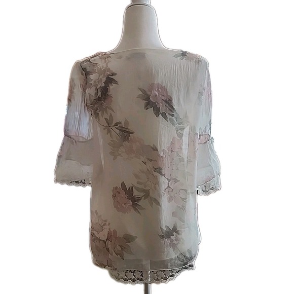 VTG Womens Silk Top S Pastel Pink Floral Bell Sleeve Lined Fairy Soft Cottage - Picture 6 of 12
